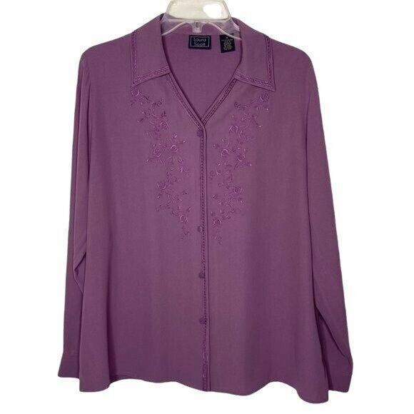 Laura Scott Wms 16 Purple Floral Embroidered Blouse Casual Dressy Office - Picture 1 of 11
